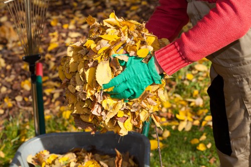 A person wearing a red long-sleeved top and green gloves is seen lifting a large, dense bundle of yellow and brown autumn leaves. The leaves are freshly gathered and slightly moist, with some greenish foliage mixed in. The individual is positioned outdoors on a lawn, with a black wheelbarrow partially visible in front of them, filled with more fallen leaves. In the background, a garden area with scattered leaves and a garden tool handle can be seen. The image illustrates clear leaf collection activity typical of garden or property clearance services, such as those offered by House Clearance Reading, in the context of seasonal garden waste disposal within Reading or nearby areas.